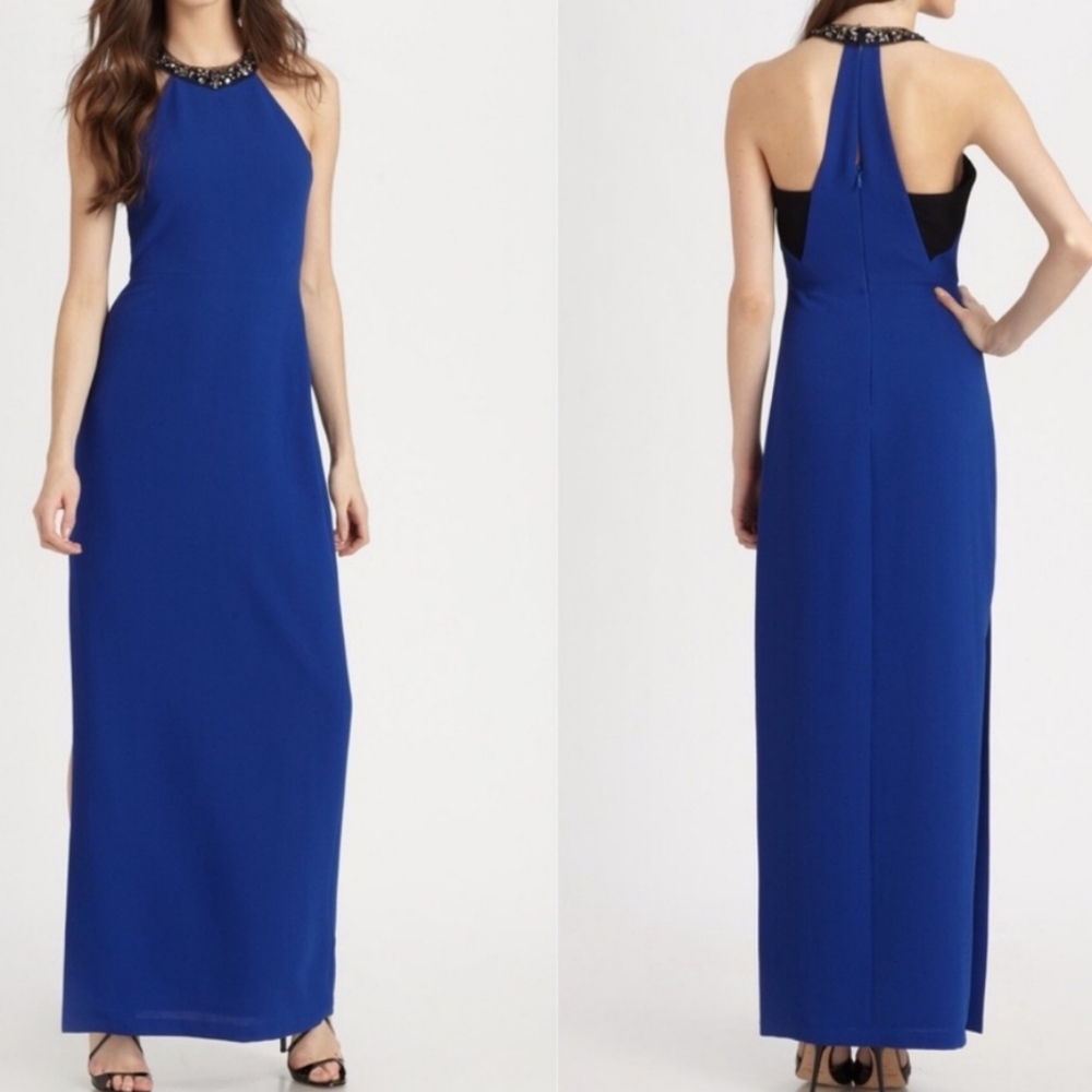 BCBGMaxazria Women's Size 8 Viviane Blue Beaded Collar Halter Evening Dress/Gown